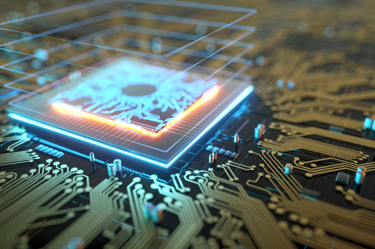 3D render CPU Technological background. Concept circuit board with computer central processing unit. Digital Chip Integrated Communication Processor. Copy space.